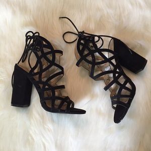 Black Caged Lace Up Heels